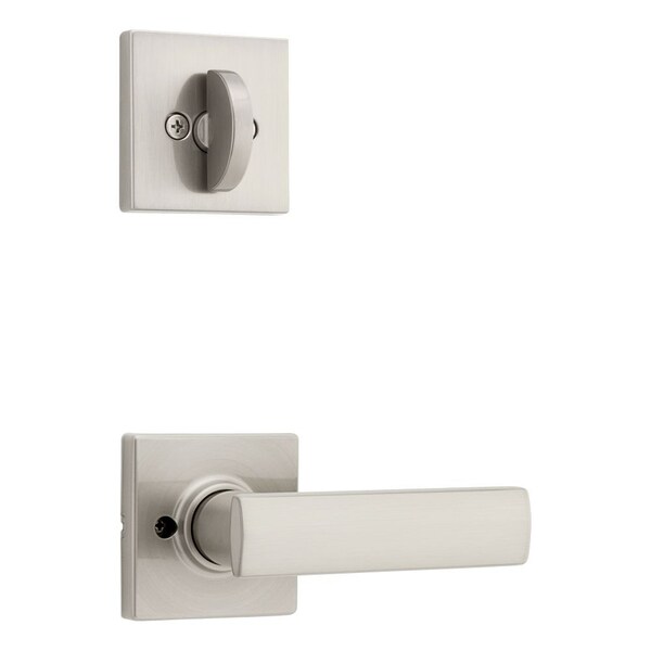 Breton Lever with Square Rose Interior Single Cylinder Handleset Trim Satin Nickel Finish
